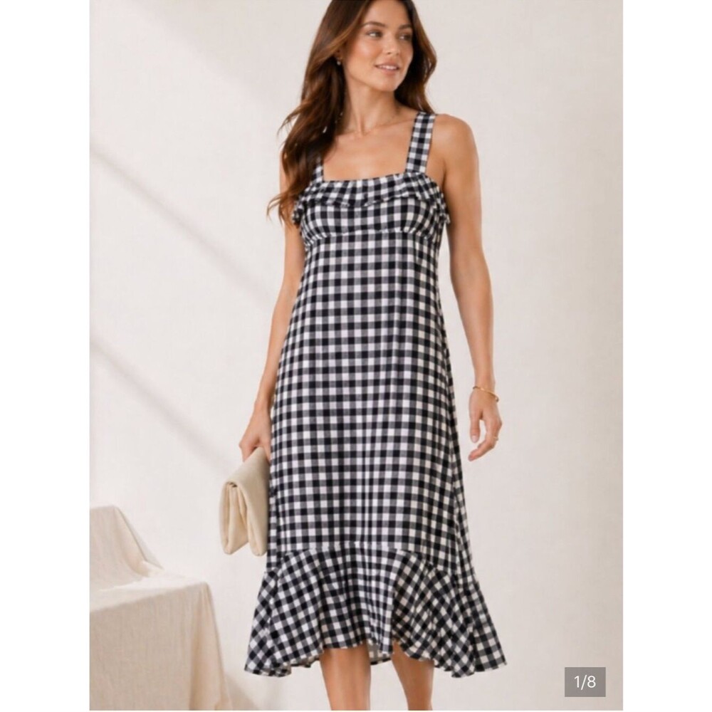 J. CREW women’s Black & White Gingham Ruffle Strap midi Dress size 10 preppy